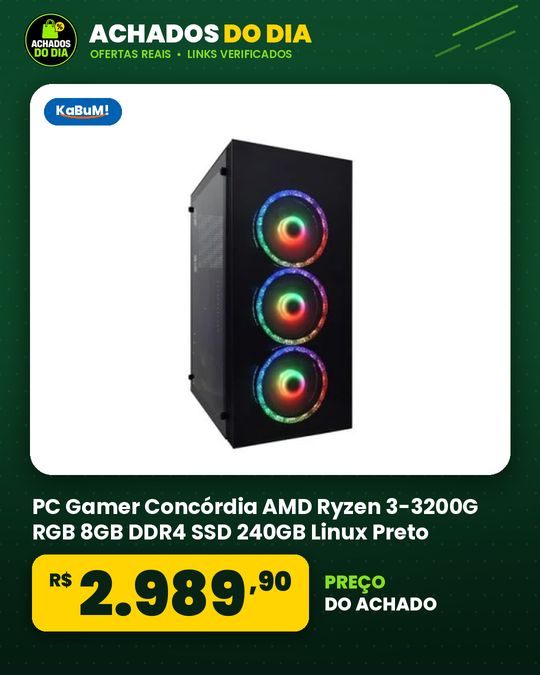 PC Gamer Concórdia AMD Ryzen 3-3200G RGB 8GB DDR4 SSD 240GB Linux Preto - 31723