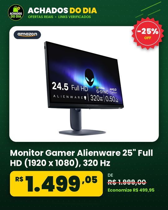 Monitor Gamer Alienware 25" Full HD (1920 x 1080), 320 Hz | IPS, Resposta de 0,5 ms, 99% sRGB, AW2525HM