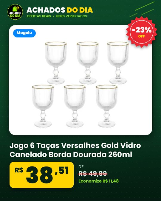 Jogo 6 Taças Versalhes Gold Vidro Canelado Borda Dourada 260ml - Click House