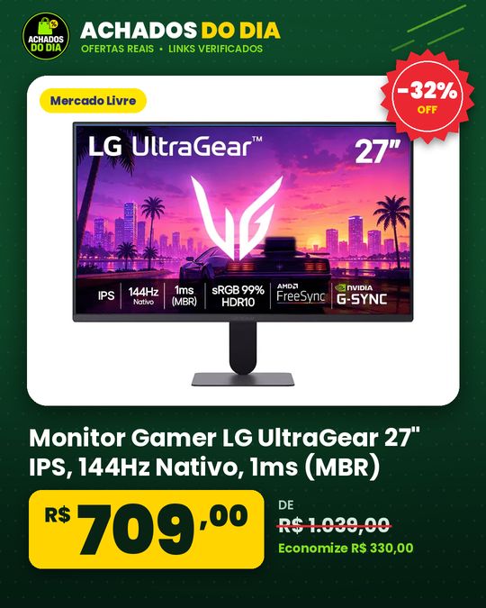 Monitor Gamer LG UltraGear 27" IPS, 144Hz Nativo, 1ms (MBR), Full HD (1920x1080), HDR10, NVIDIA G-SYNC