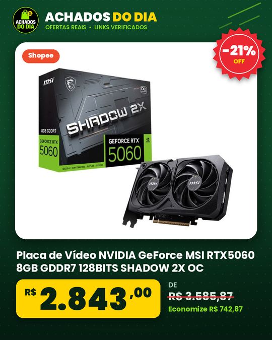 Placa de Vídeo NVIDIA GeForce MSI RTX5060 8GB GDDR7 128BITS SHADOW 2X OC - 912-V537-037