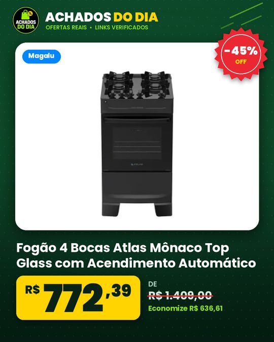 Fogão 4 Bocas Atlas Mônaco Top Glass com Acendimento Automático - Preto - Fogão 4 Bocas