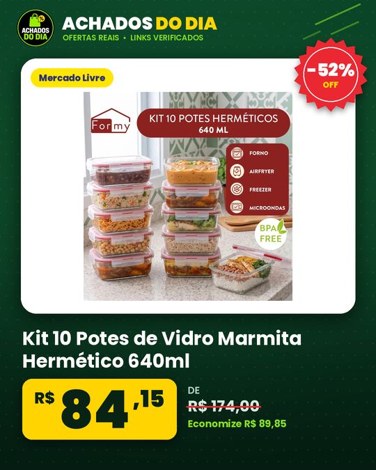 Kit 10 Potes de Vidro Marmita Hermético 640ml