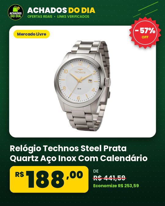 Relógio Technos Steel Prata Quartz Aço Inox Com Calendário