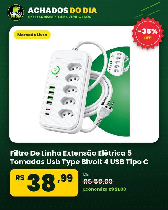 Filtro De Linha Extensão Elétrica 5 Tomadas Usb Type Bivolt 4 USB Tipo C