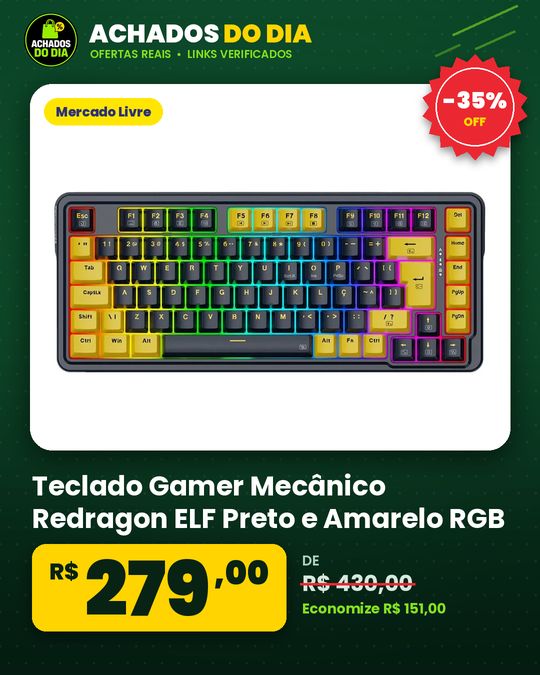 Teclado Gamer Mecânico Redragon ELF Preto e Amarelo RGB