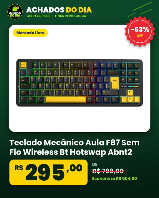 Teclado Mecânico Aula F87 Sem Fio Wireless Bt Hotswap Abnt2 Preto Português Brasil