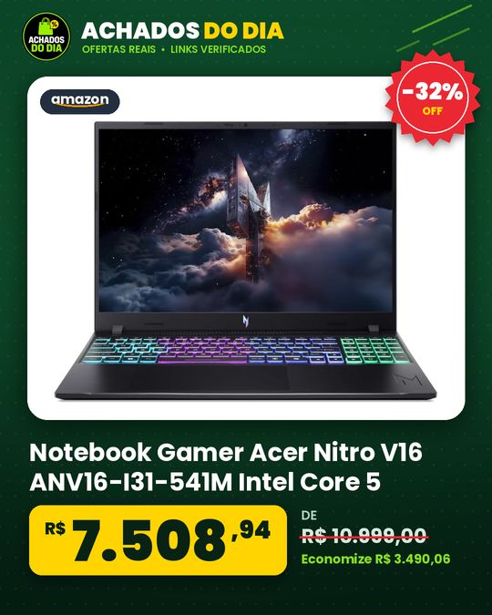 Notebook Gamer Acer Nitro V16 ANV16-I31-541M Intel Core 5 210H 16GB RAM 512GB SSD RTX5060