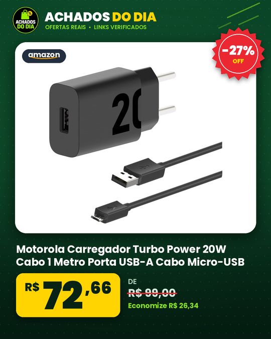 Motorola Carregador Turbo Power 20W Cabo 1 Metro Porta USB-A Cabo Micro-USB