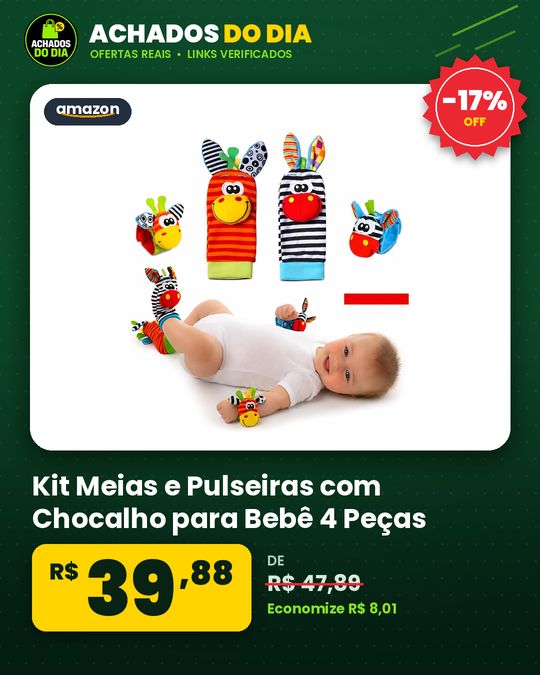 Kit Meias e Pulseiras com Chocalho para Bebê 4 Peças