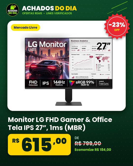 Monitor LG FHD Gamer & Office Tela IPS 27”, 1ms (MBR), 144Hz Nativo, FreeSync, HDR10, sRGB, Modo Leitura