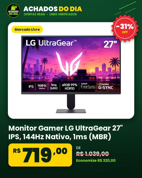 Monitor Gamer LG UltraGear 27" IPS, 144Hz Nativo, 1ms (MBR), Full HD (1920x1080), HDR10, NVIDIA G-SYNC