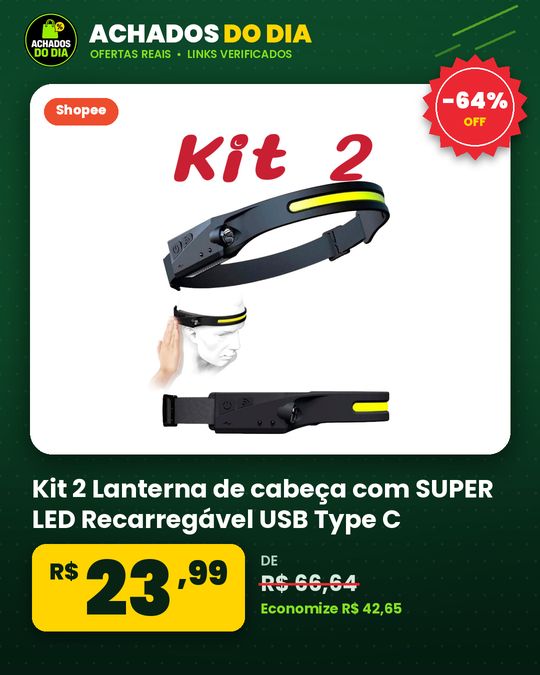 Kit 2 Lanterna de cabeça com SUPER LED Recarregável USB Type C