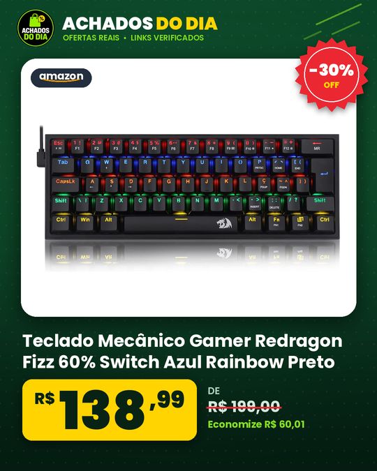 Teclado Mecânico Gamer Redragon Fizz 60% Switch Azul Rainbow Preto