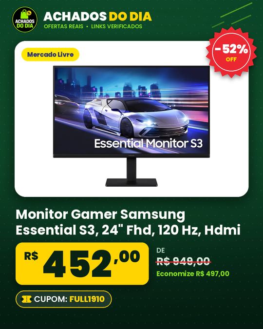 Monitor Gamer Samsung Essential S3, 24" Fhd, 120 Hz, Hdmi, Preto