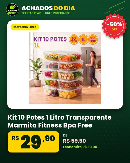 Kit 10 Potes 1 Litro Transparente Marmita Fitness Bpa Free Tampa Hermética Reutilizável Micro E Freezer