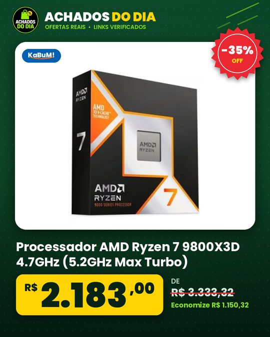 Processador AMD Ryzen 7 9800X3D 4.7GHz (5.2GHz Max Turbo) Cache 104MB 8 Núcleos 16