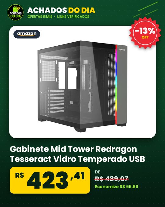 Gabinete Mid Tower Redragon Tesseract Vidro Temperado USB Tipo-C Sem Fans Preto CA-614B