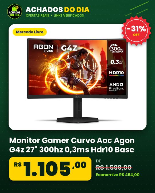 Monitor Gamer Curvo Aoc Agon G4z 27" 300hz 0,3ms Hdr10 Base Ajustável C27g4zp Preto