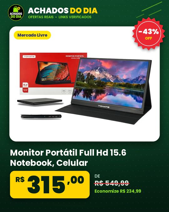 Monitor Portátil Full Hd 15.6 Notebook, Celular, Games C Cor Preto