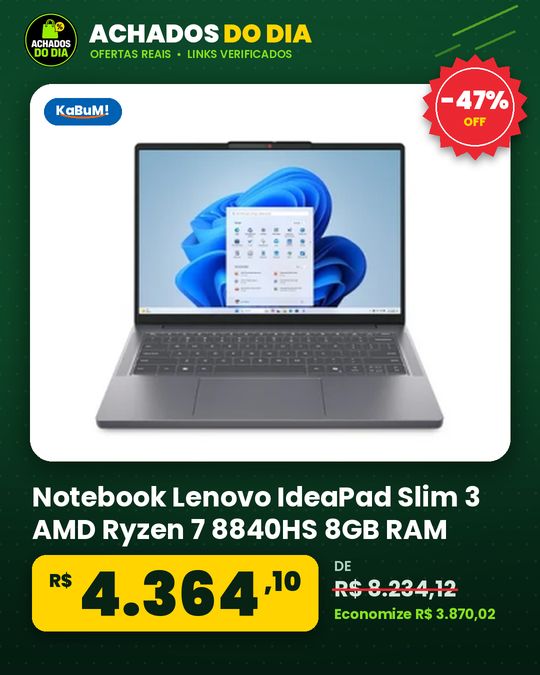 Notebook Lenovo IdeaPad Slim 3 AMD Ryzen 7 8840HS 8GB RAM AMD Radeon 780M SSD 512GB 15.3" FHD Windows 11 Cinza