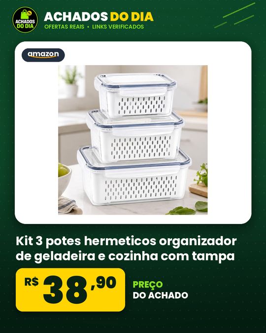 Kit 3 potes hermeticos organizador de geladeira e cozinha com tampa