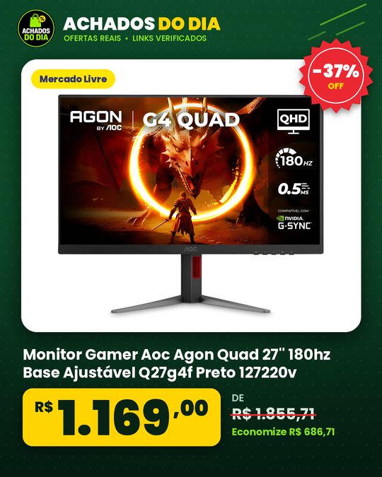 Monitor Gamer Aoc Agon Quad 27'' 180hz Base Ajustável Q27g4f Preto 127220v