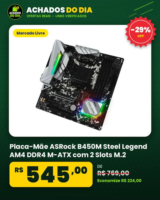Placa-Mãe ASRock B450M Steel Legend AM4 DDR4 M-ATX com 2 Slots M.2
