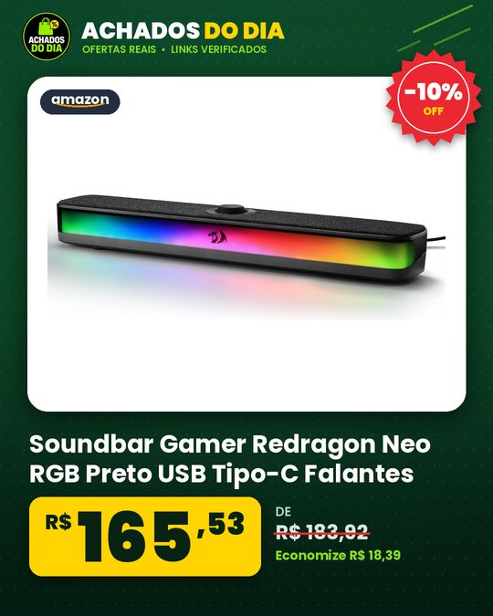 Soundbar Gamer Redragon Neo RGB Preto USB Tipo-C Falantes Duplos 2x5W RMS com Roda de Vo