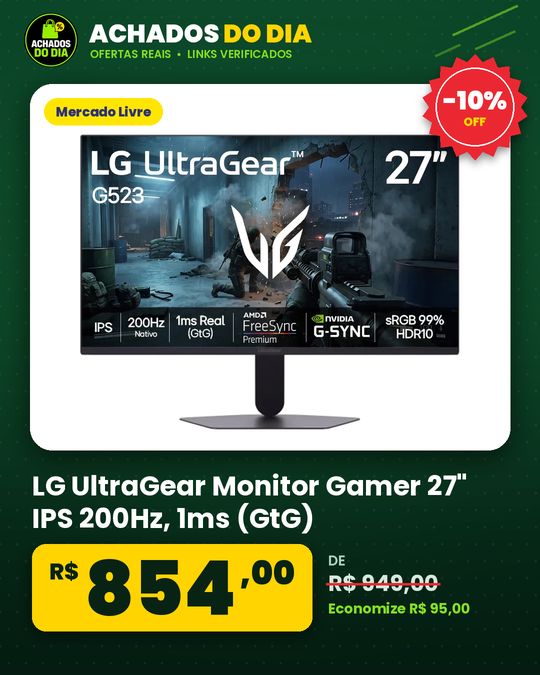 LG UltraGear Monitor Gamer 27" IPS 200Hz, 1ms (GtG), Full HD (1920x1080), HDR10, NVIDIA G-SYNC AMD