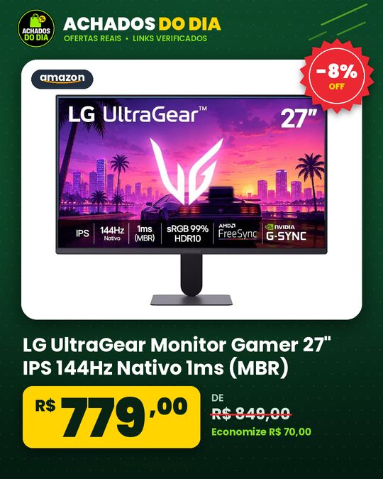 LG UltraGear Monitor Gamer 27" IPS 144Hz Nativo 1ms (MBR) Full HD (1920x1080) HDR10 NVIDIA G-SYNC AMD FreeSync Pr
