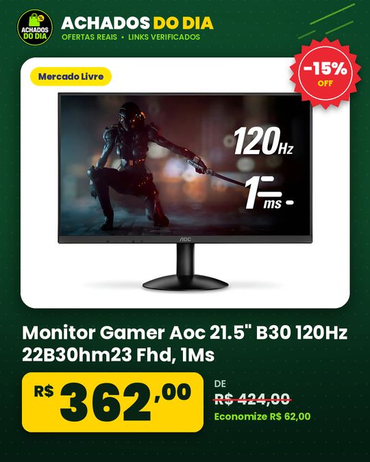 Monitor Gamer Aoc 21.5" B30 120Hz 22B30hm23 Fhd, 1Ms, Preto 22"