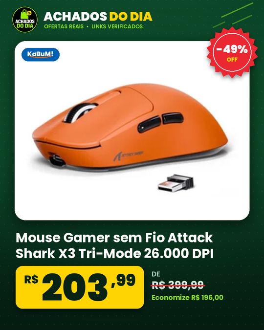 Mouse Gamer sem Fio Attack Shark X3 Tri-Mode 26.000 DPI Sensor Óptico PAW3395 6 Botões Programáveis - Laranja