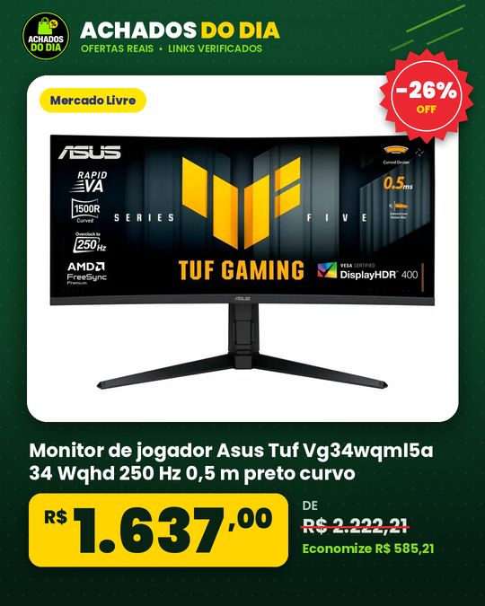 Monitor de jogador Asus Tuf Vg34wqml5a 34 Wqhd 250 Hz 0,5 m preto curvo