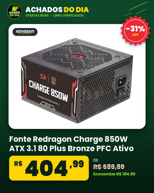 Fonte Redragon Charge 850W ATX 3.1 80 Plus Bronze PFC Ativo Capacitores Japoneses,