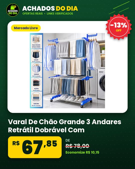 Varal De Chão Grande 3 Andares Retrátil Dobrável Com Rodinhas Roupas Lavanderia Compacto Portátil Cor Azul MARCA: KE
