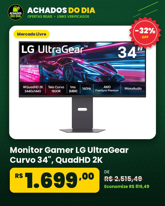 Monitor Gamer LG UltraGear Curvo 34", QuadHD 2K, UltraWide 1800R, 160Hz, 1ms (MBR), AMD FreeSync Premium