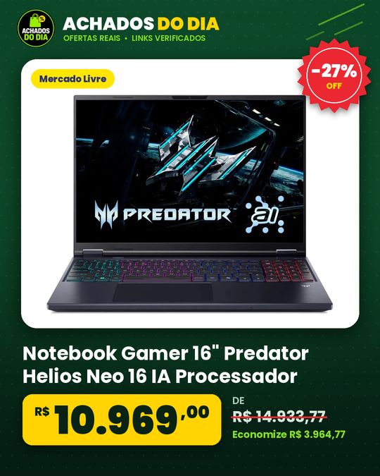 Notebook Gamer 16" Predator Helios Neo 16 IA Processador Intel Core Ultra 7 13ª Geração Placa de vídeo NVIDIA GeForc