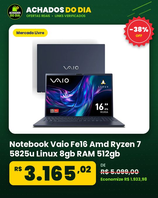 Notebook Vaio Fe16 Amd Ryzen 7 5825u Linux 8gb RAM 512gb Ssd Wi-Fi 6 Tela 16" Ips Wuxga Antirreflexo