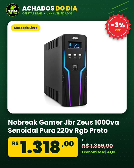 Nobreak Gamer Jbr Zeus 1000va Senoidal Pura 220v Rgb Preto