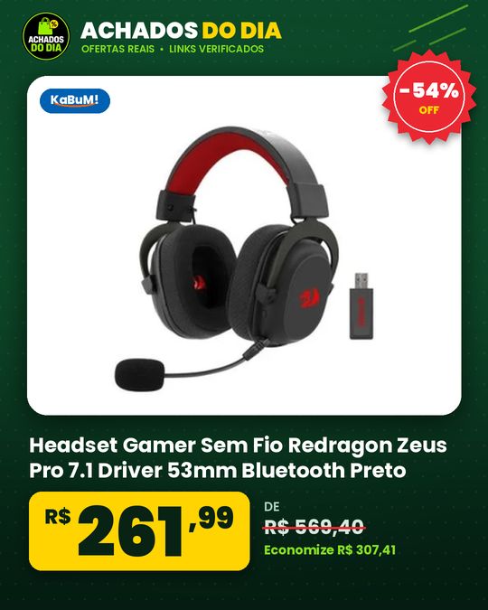 Headset Gamer Sem Fio Redragon Zeus Pro 7.1 Driver 53mm Bluetooth Preto - H510-PRO