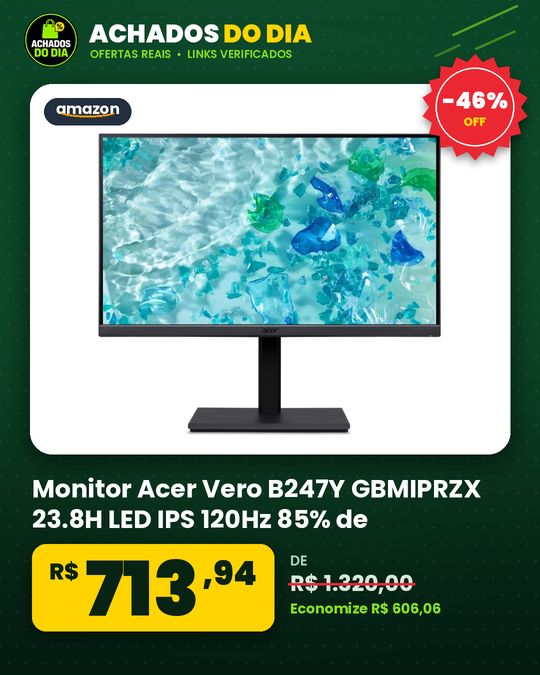 Monitor Acer Vero B247Y GBMIPRZX 23.8H LED IPS 120Hz 85% de PCR Adaptive-Sync Pivô 90º Selo Energy star