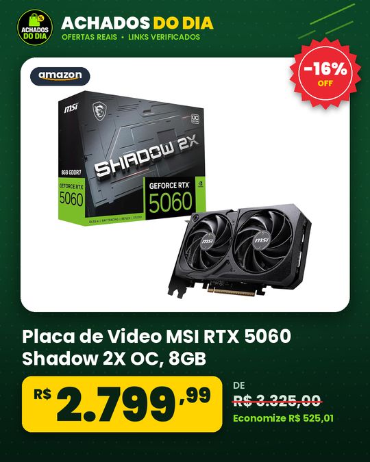 Placa de Video MSI RTX 5060 Shadow 2X OC, 8GB, GDDR7-912-V537-037