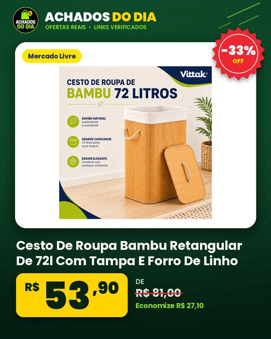 Cesto De Roupa Bambu Retangular De 72l Com Tampa E Forro De Linho