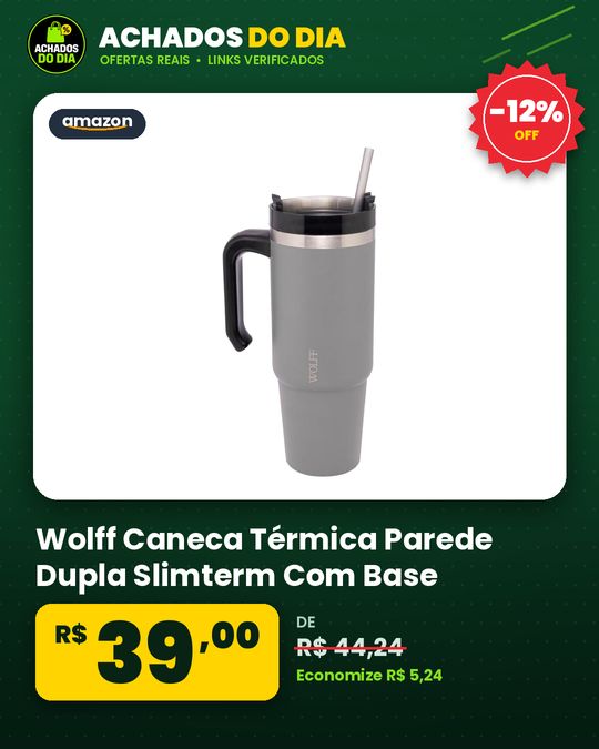 Wolff Caneca Térmica Parede Dupla Slimterm Com Base Ergonômica E Canudo Cinza 890ml