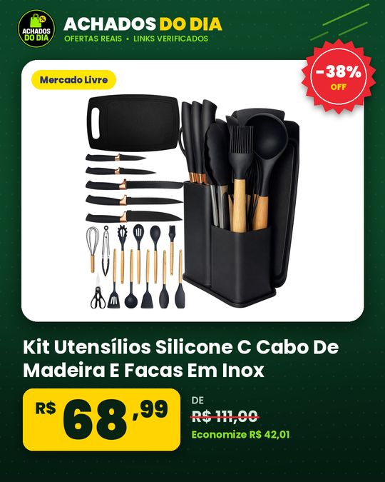 Kit Utensílios Silicone C Cabo De Madeira E Facas Em Inox