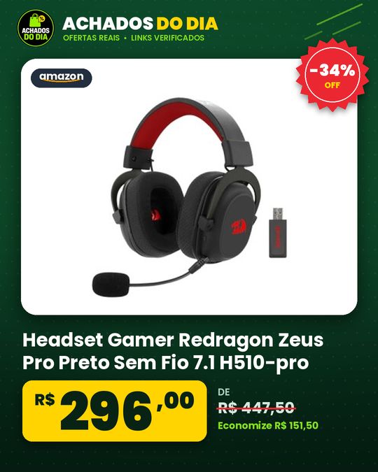 Headset Gamer Redragon Zeus Pro Preto Sem Fio 7.1 H510-pro