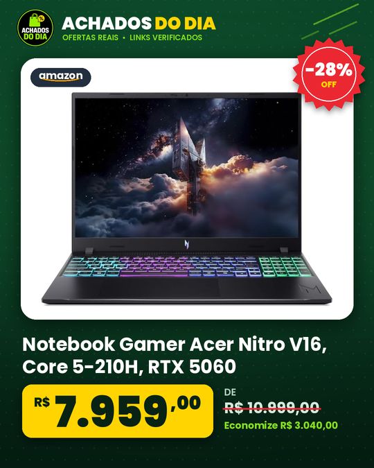 Notebook Gamer Acer Nitro V16, Core 5-210H, RTX 5060, 16GB RAM, 512GB SSD, Tela 16" IPS WUXGA 165Hz