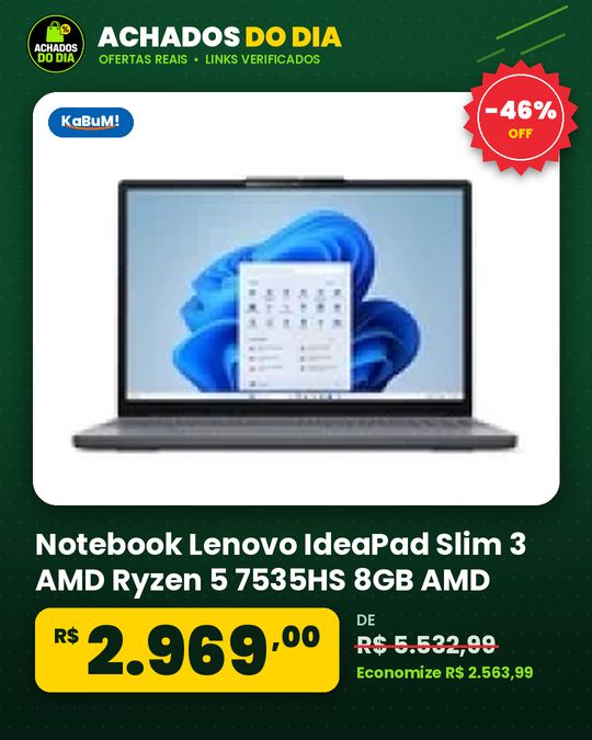 Notebook Lenovo IdeaPad Slim 3 AMD Ryzen 5 7535HS 8GB AMD Radeon Graphics SSD 512GB,