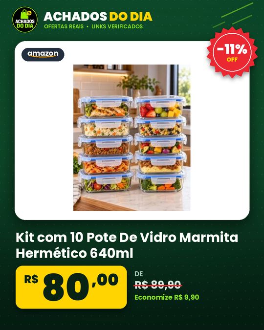 Kit com 10 Pote De Vidro Marmita Hermético 640ml